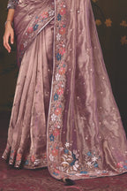 Mauve Organza Zari traditional saree with Floral Motifs Multi Thread Embroidery by Naksh Creation view 3