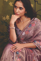 Mauve Organza Zari traditional saree with Floral Motifs Multi Thread Embroidery by Naksh Creation view 4