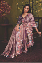 Mauve Organza Zari traditional saree with Floral Motifs Multi Thread Embroidery by Naksh Creation view 5