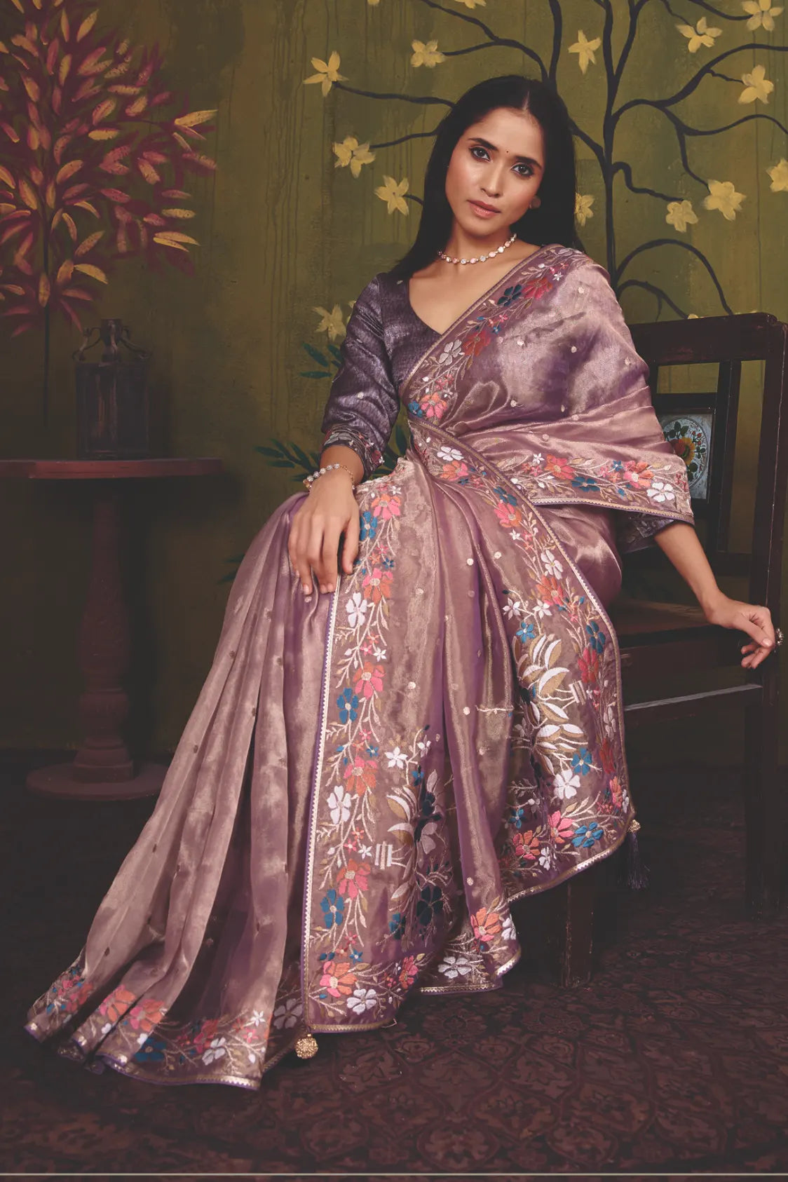 Mauve Organza Zari traditional saree with Floral Motifs Multi Thread Embroidery by Naksh Creation view 5