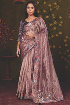 Mauve Organza Zari traditional saree with Floral Motifs Multi Thread Embroidery by Naksh Creation