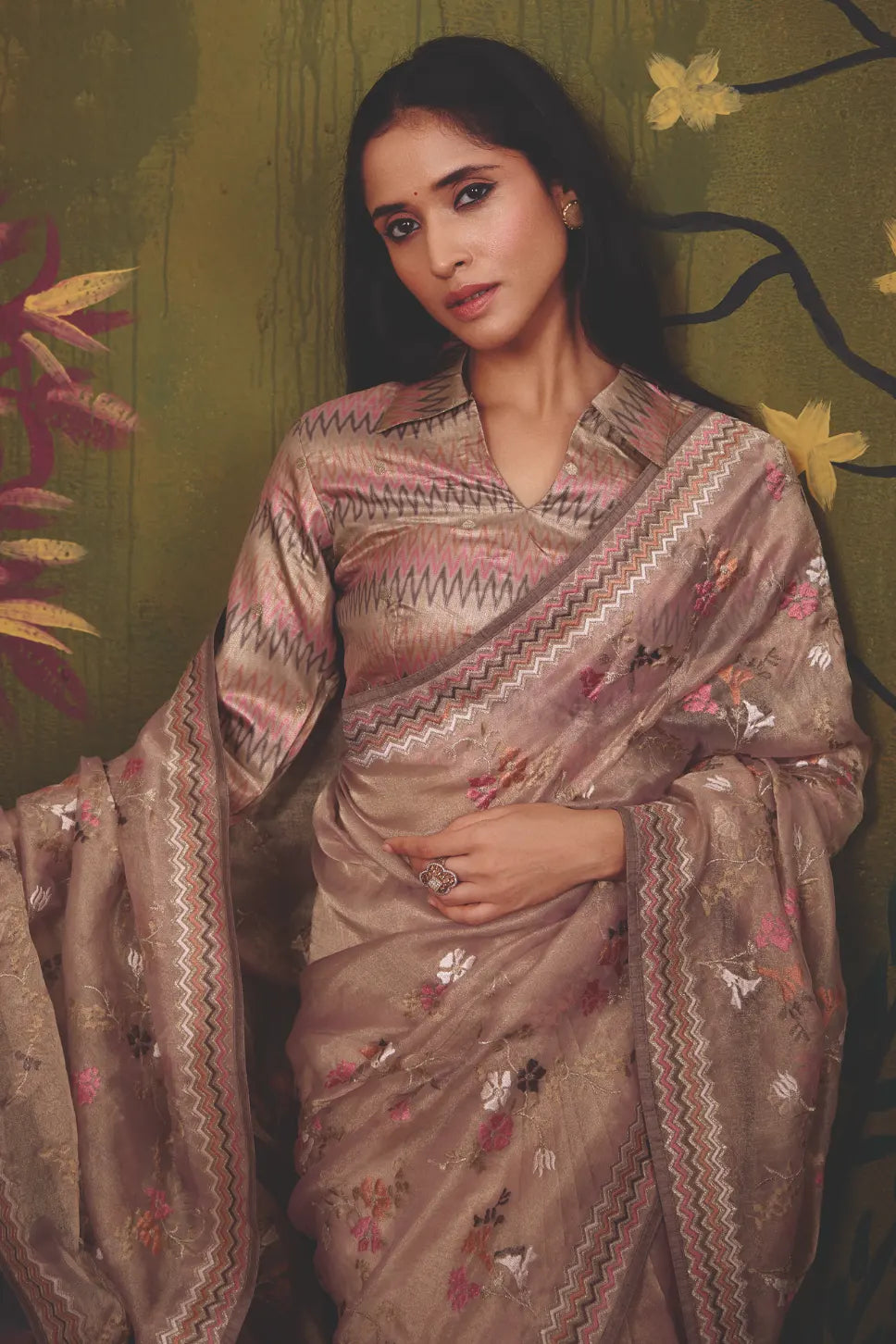 Champagne Organza Zari traditional saree with Floral Jaal Multi Thread Embroidery by Naksh Creation view 2