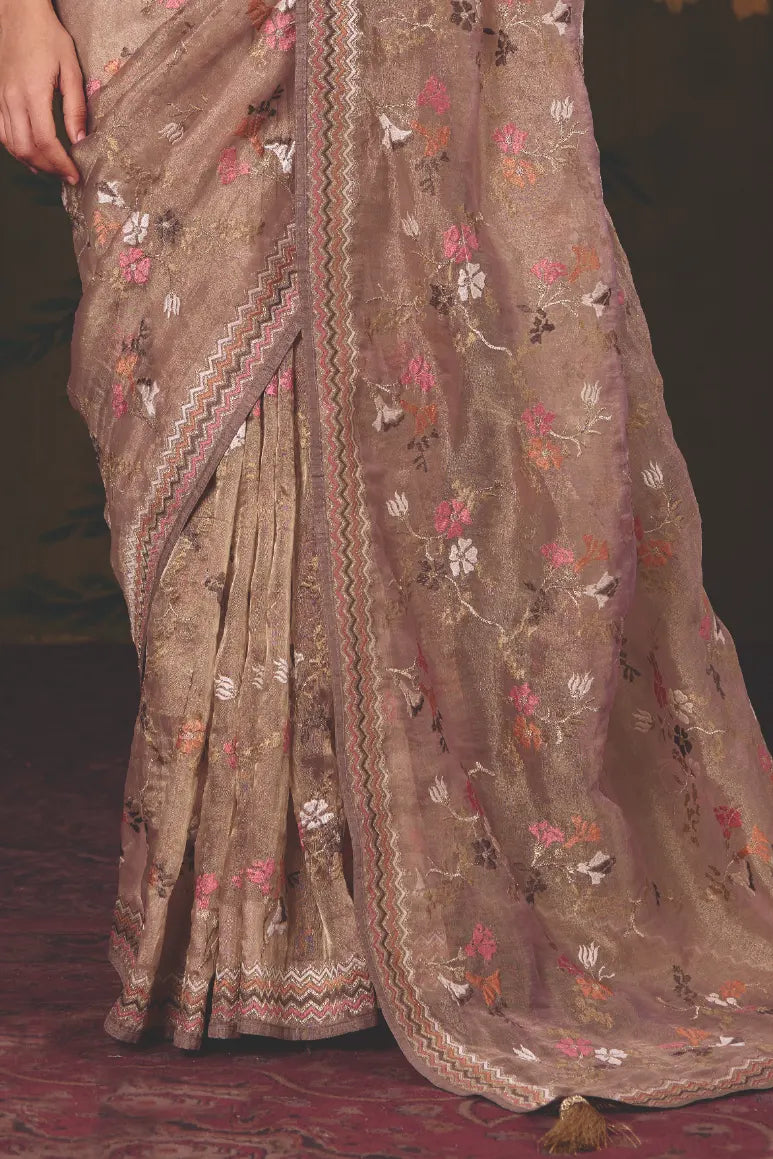 Champagne Organza Zari traditional saree with Floral Jaal Multi Thread Embroidery by Naksh Creation view 3