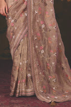 Champagne Organza Zari traditional saree with Floral Jaal Multi Thread Embroidery by Naksh Creation view 3