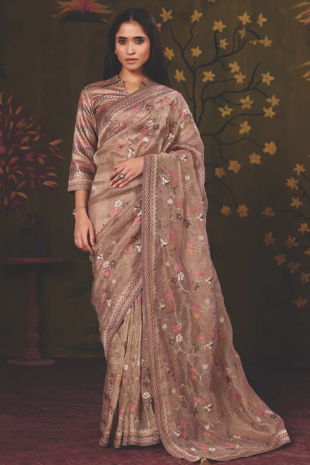 Champagne Organza Zari traditional saree with Floral Jaal Multi Thread Embroidery by Naksh Creation