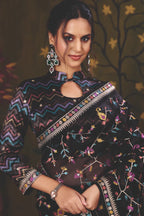 Black Satin Silk traditional saree with Floral Jaal Multi Thread Embroidery by Naksh Creation view 2