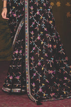 Black Satin Silk traditional saree with Floral Jaal Multi Thread Embroidery by Naksh Creation view 3