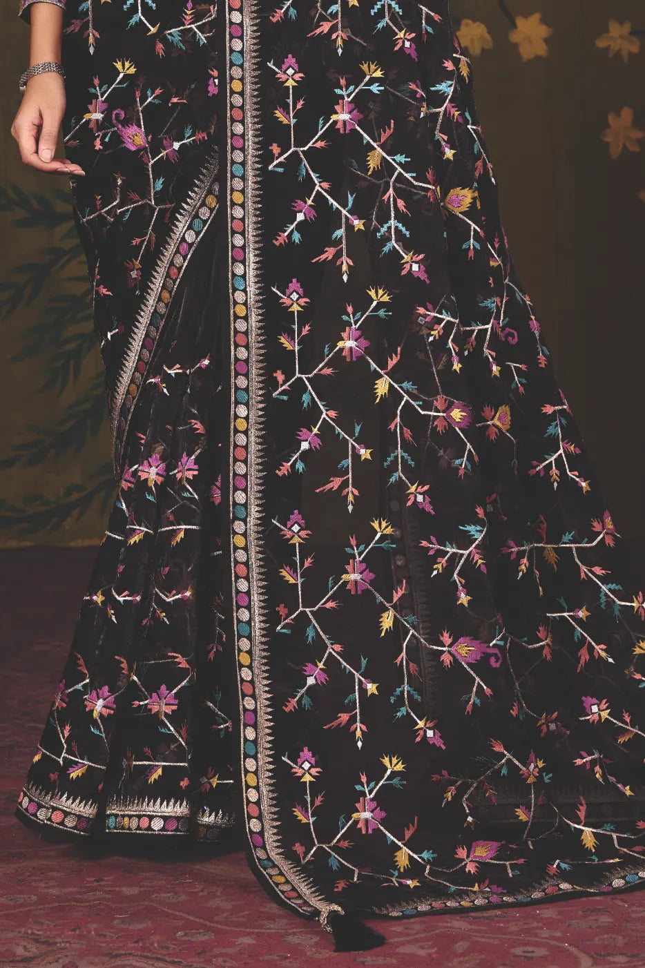 Black Satin Silk traditional saree with Floral Jaal Multi Thread Embroidery by Naksh Creation view 3