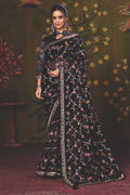 Black Satin Silk traditional saree with Floral Jaal Multi Thread Embroidery by Naksh Creation