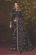 Black Satin Silk traditional saree with Floral Jaal Multi Thread Embroidery by Naksh Creation