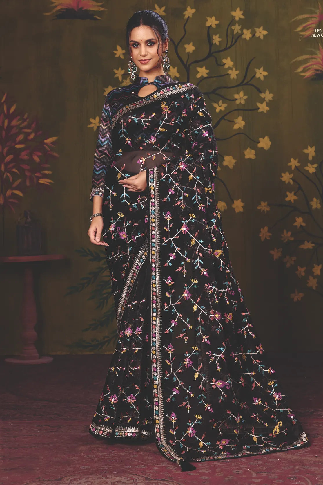 Black Satin Silk traditional saree with Floral Jaal Multi Thread Embroidery by Naksh Creation
