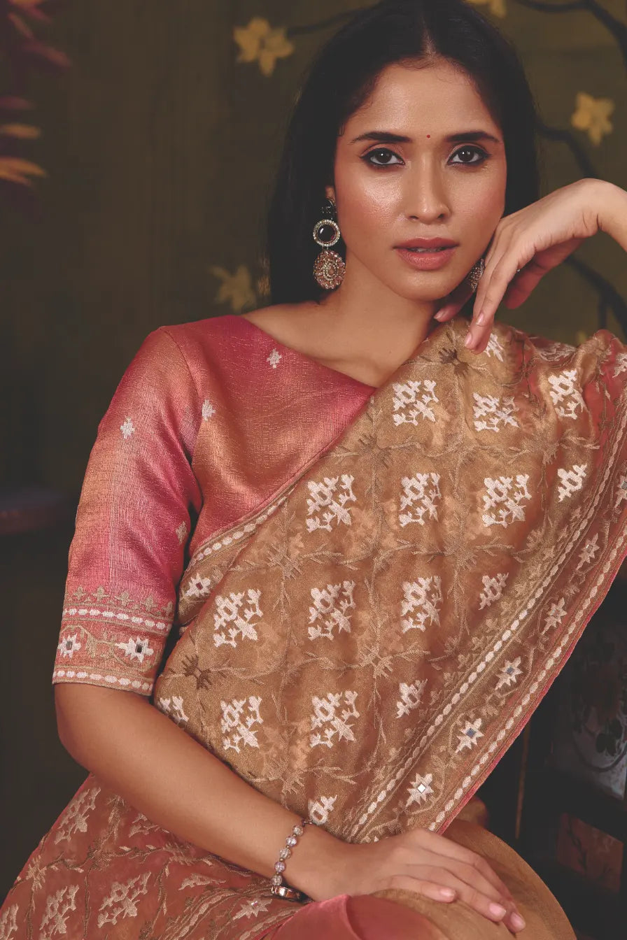 Bronze Brown Satin Twill traditional saree with Multi Thread Satin Embroidery, Mirror Handwork by Naksh Creation