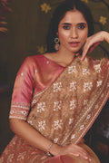 Bronze Brown Satin Twill traditional saree with Multi Thread Satin Embroidery, Mirror Handwork by Naksh Creation