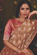 Bronze Brown Satin Twill traditional saree with Multi Thread Satin Embroidery, Mirror Handwork by Naksh Creation