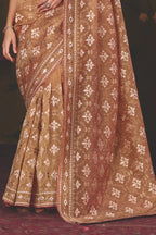 Bronze Brown Satin Twill traditional saree with Multi Thread Satin Embroidery, Mirror Handwork by Naksh Creation view 2