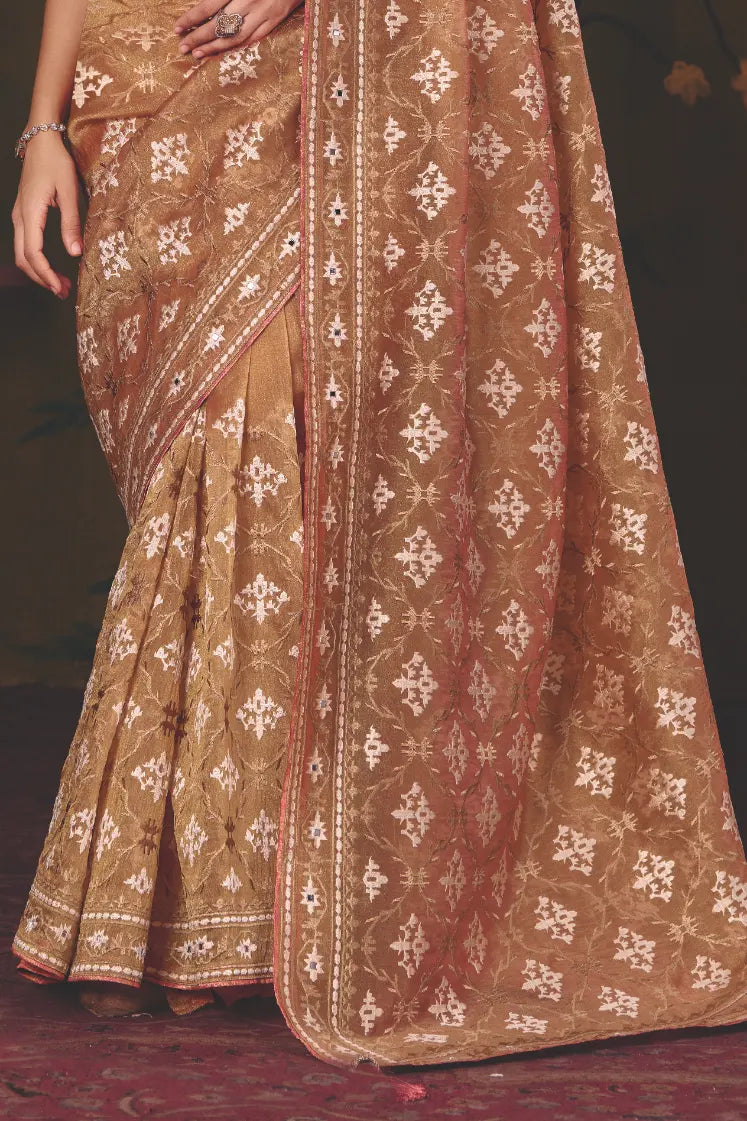 Bronze Brown Satin Twill traditional saree with Multi Thread Satin Embroidery, Mirror Handwork by Naksh Creation view 2