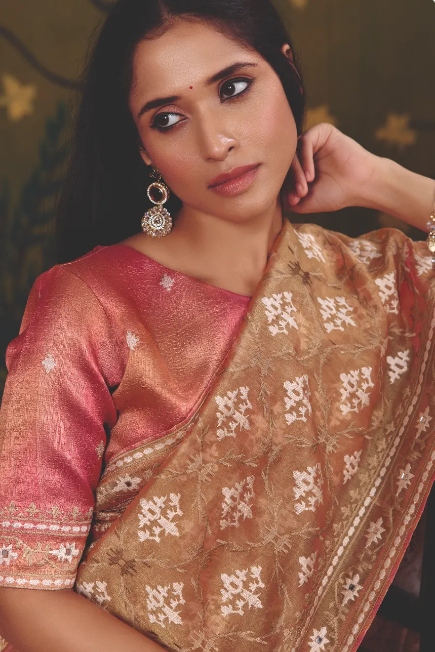 Bronze Brown Satin Twill traditional saree with Multi Thread Satin Embroidery, Mirror Handwork by Naksh Creation view 3