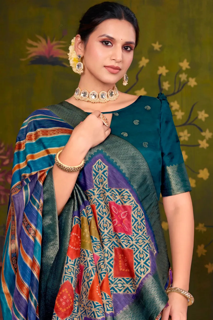 Royal Blue Rangkat Tussar Silk traditional saree with Lehariya, Thread Embroidery by Naksh Creation view 2