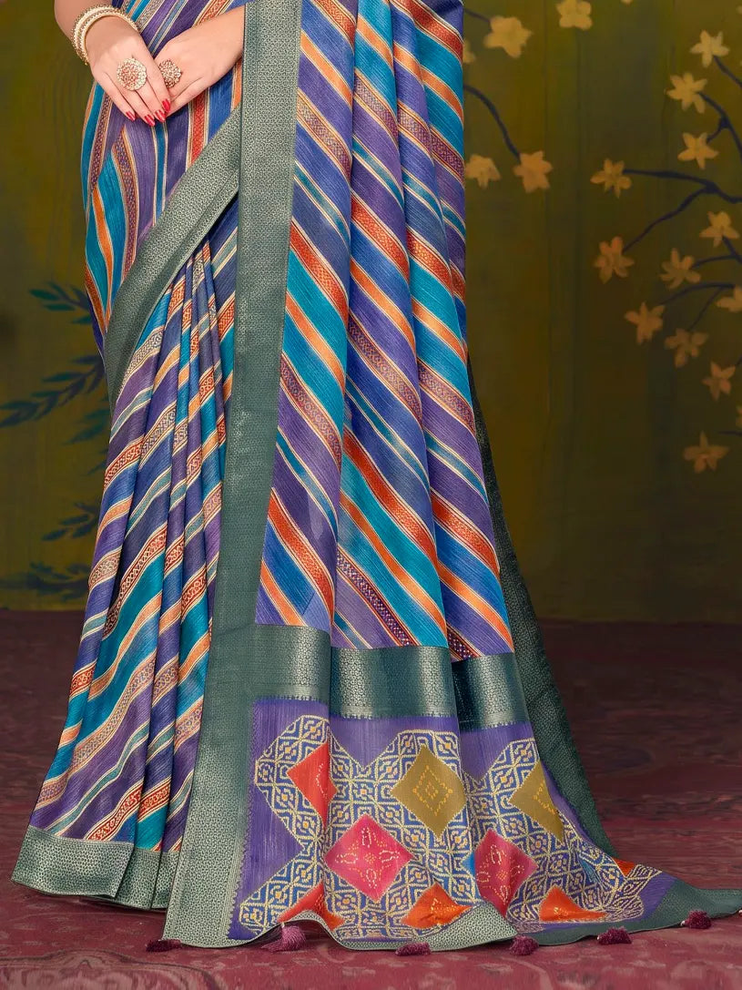Royal Blue Rangkat Tussar Silk traditional saree with Lehariya, Thread Embroidery by Naksh Creation view 3