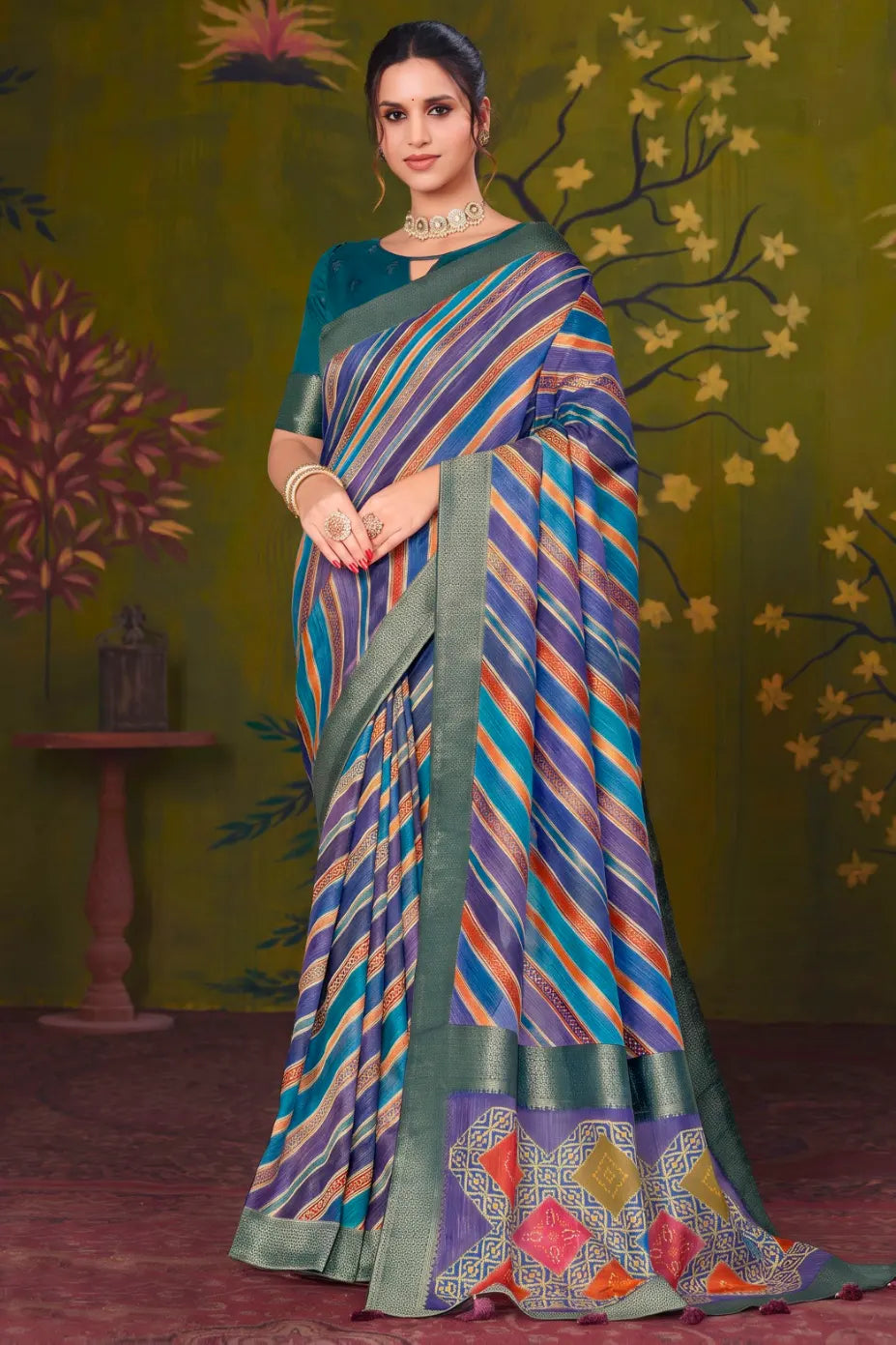 Royal Blue Rangkat Tussar Silk traditional saree with Lehariya, Thread Embroidery by Naksh Creation