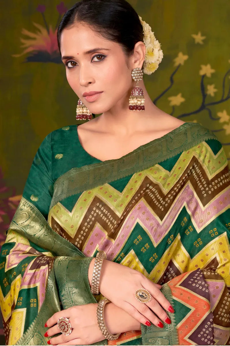Forest Green Rangkat Tussar Silk traditional saree with Chevron, Woven Design by Naksh Creation view 2