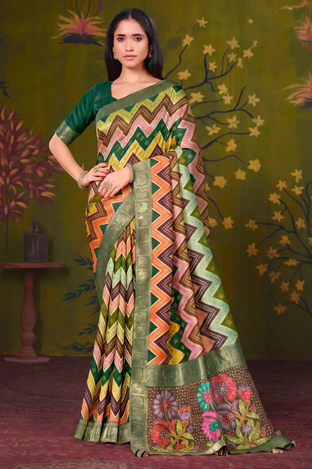 Forest Green Rangkat Tussar Silk traditional saree with Chevron, Woven Design by Naksh Creation