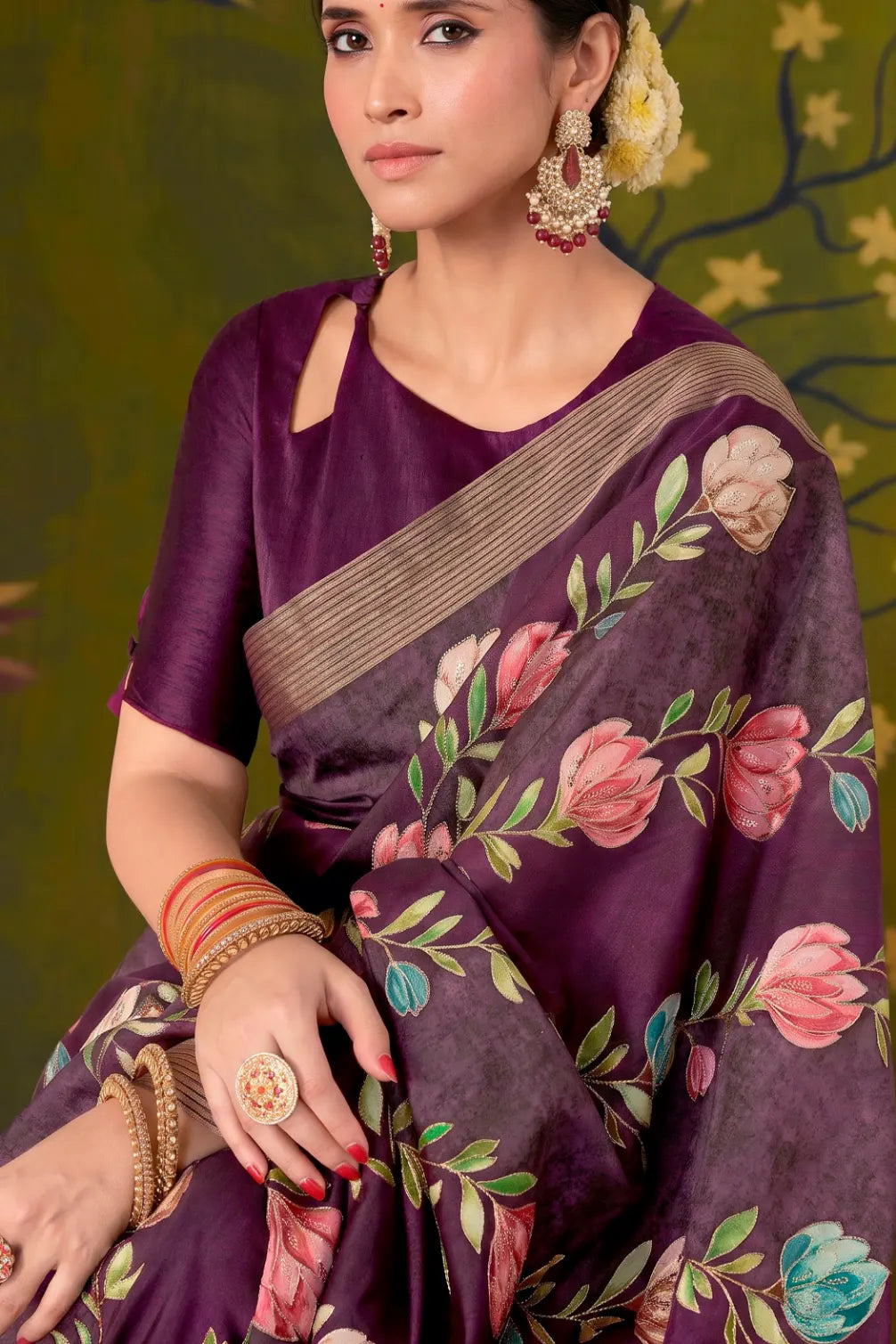 Deep Wine Rangkat Tussar Silk traditional saree with Floral, Sequence Embroidery by Naksh Creation view 2