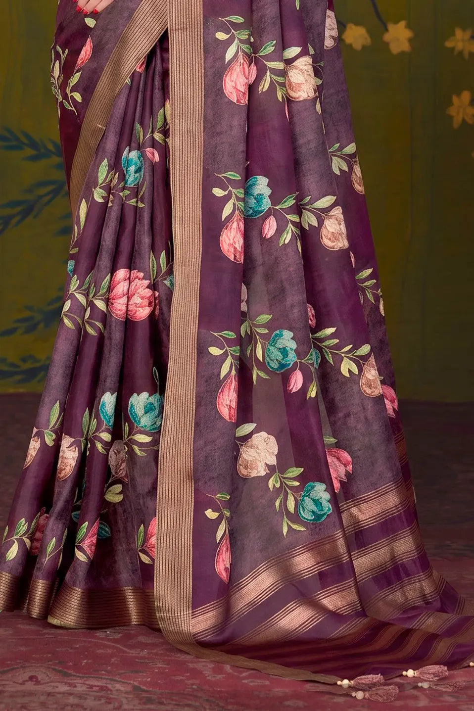 Deep Wine Rangkat Tussar Silk traditional saree with Floral, Sequence Embroidery by Naksh Creation view 3