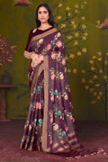 Deep Wine Rangkat Tussar Silk traditional saree with Floral, Sequence Embroidery by Naksh Creation