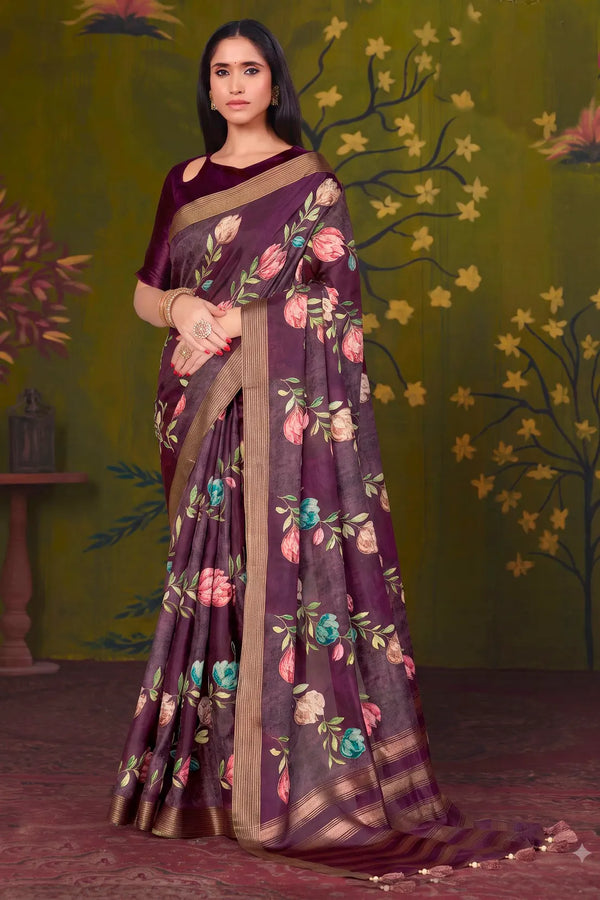Deep Wine Rangkat Tussar Silk traditional saree with Floral, Sequence Embroidery by Naksh Creation