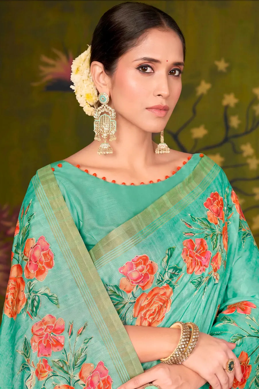 Sea Green Rangkat Tussar Silk traditional saree with Floral, Sequence Embroidery by Naksh Creation view 2