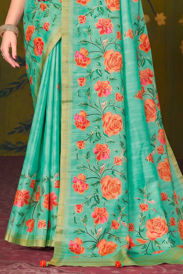 Sea Green Rangkat Tussar Silk traditional saree with Floral, Sequence Embroidery by Naksh Creation view 3
