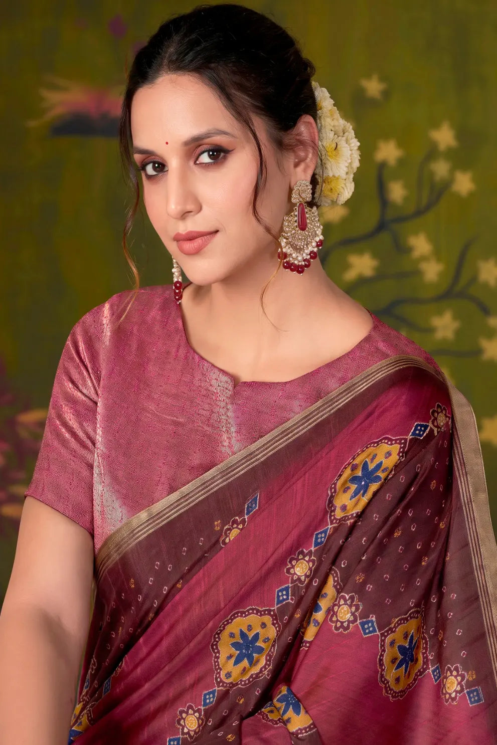 Berry Wine Rangkat Tussar Silk traditional saree with Bandhani, Thread Embroidery by Naksh Creation view 2