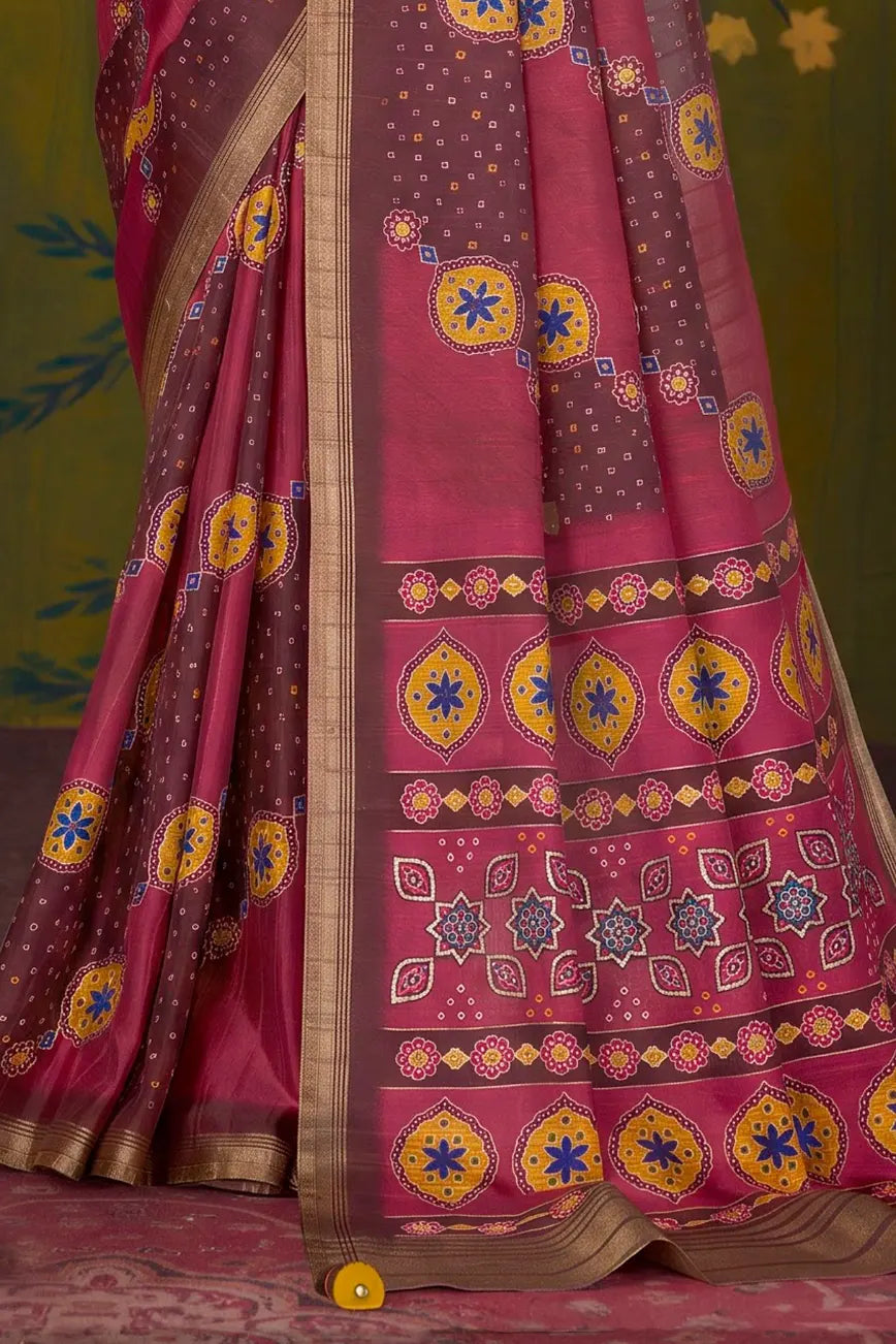 Berry Wine Rangkat Tussar Silk traditional saree with Bandhani, Thread Embroidery by Naksh Creation view 3