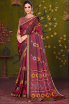 Berry Wine Rangkat Tussar Silk traditional saree with Bandhani, Thread Embroidery by Naksh Creation
