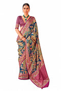 Navy Blue Dola Silk Kalamkari Bandhani Print Saree