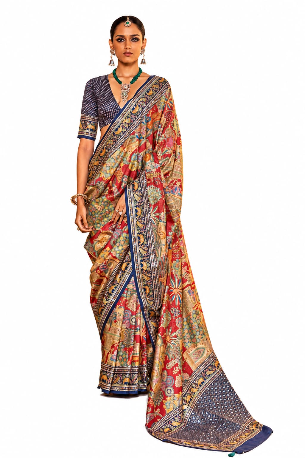Naksh Creation Navy Blue Floral Soft PV Silk Saree