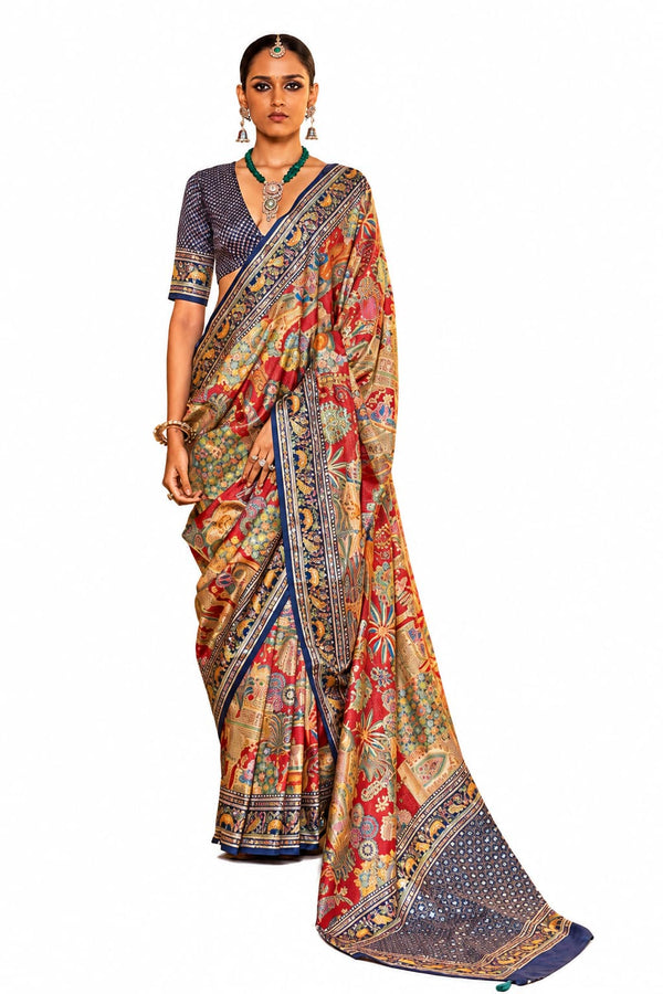 Naksh Creation Navy Blue Floral Soft PV Silk Saree