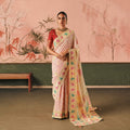 Orange Banarasi Silk Saree with Gold Zari Weaving Peacock Motifs and Unstitched Blouse