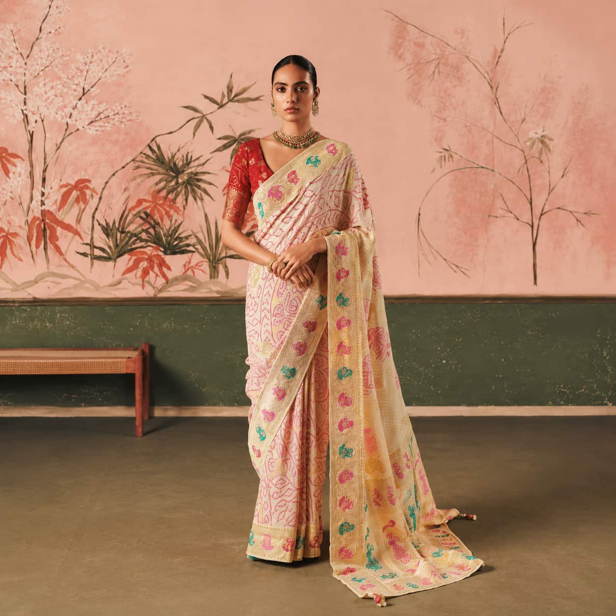 Orange Banarasi Silk Saree with Gold Zari Weaving Peacock Motifs and Unstitched Blouse