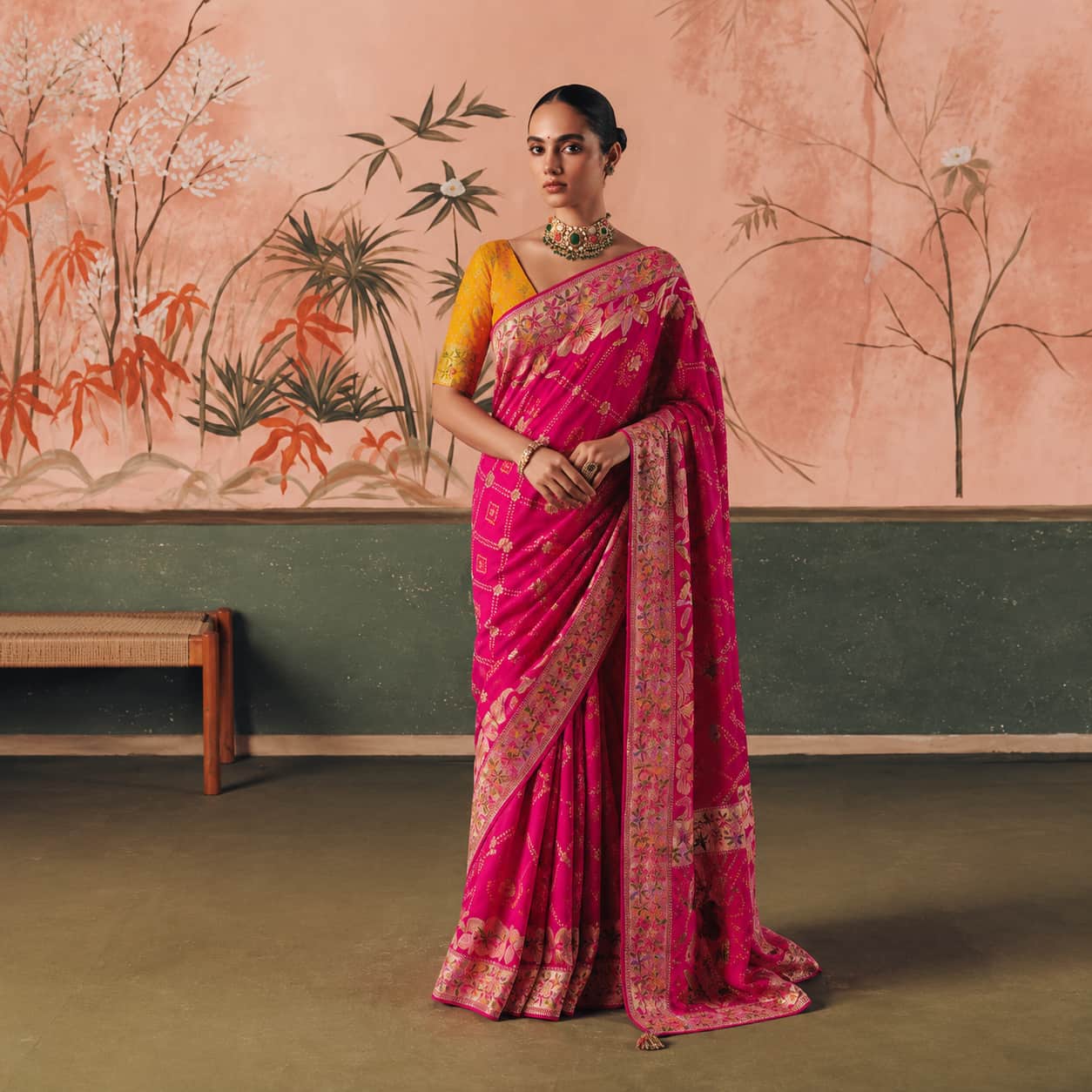 Rani Pink Banarasi Silk Saree with Gold Zari Weaving Peacock Motifs and Unstitched Blouse