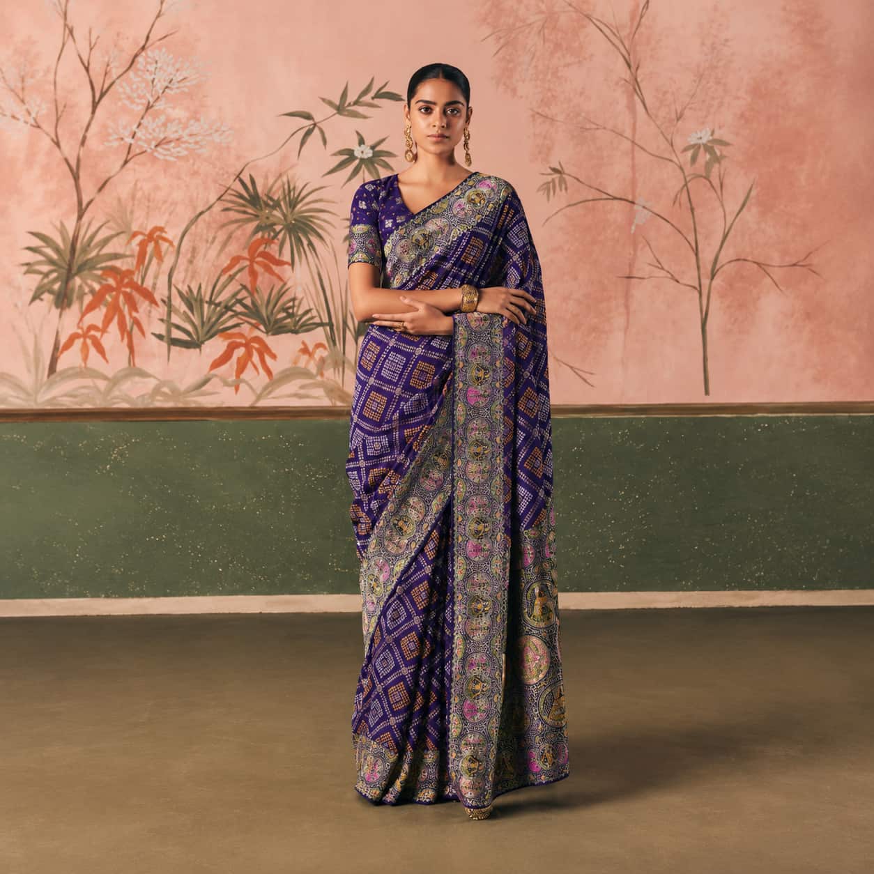Ruby Red Banarasi Silk Saree with Gold Zari Weaving Peacock Motifs and Unstitched Blouse