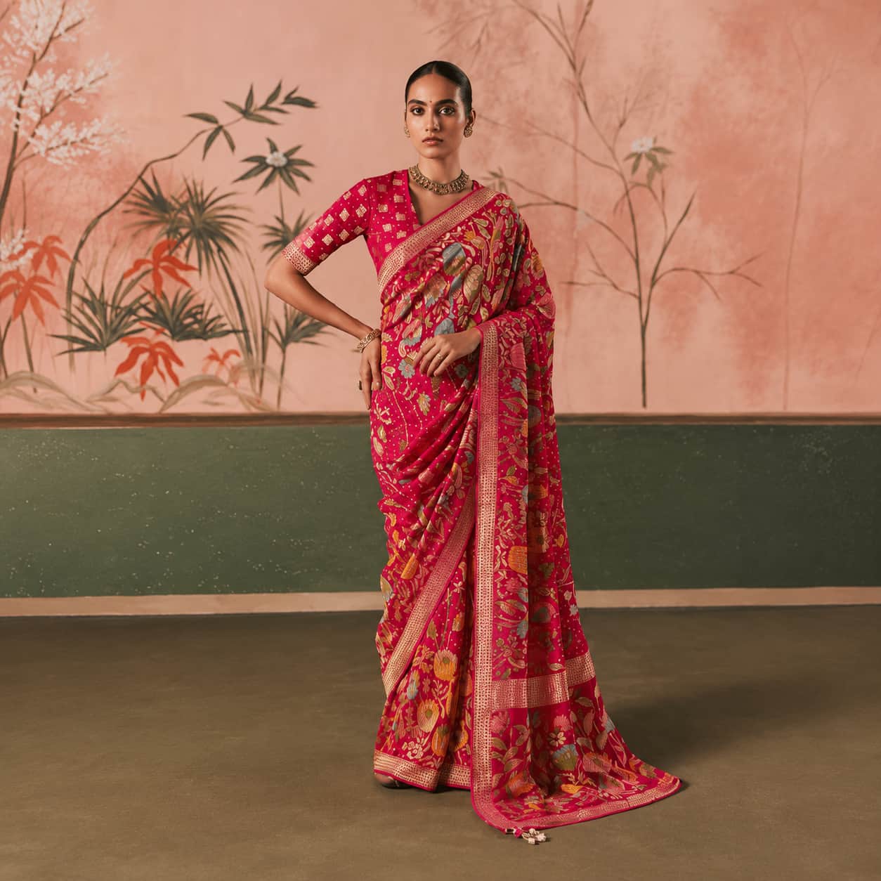 Coral Red Banarasi Silk Saree with Gold Zari Weaving Peacock Motifs and Unstitched Blouse