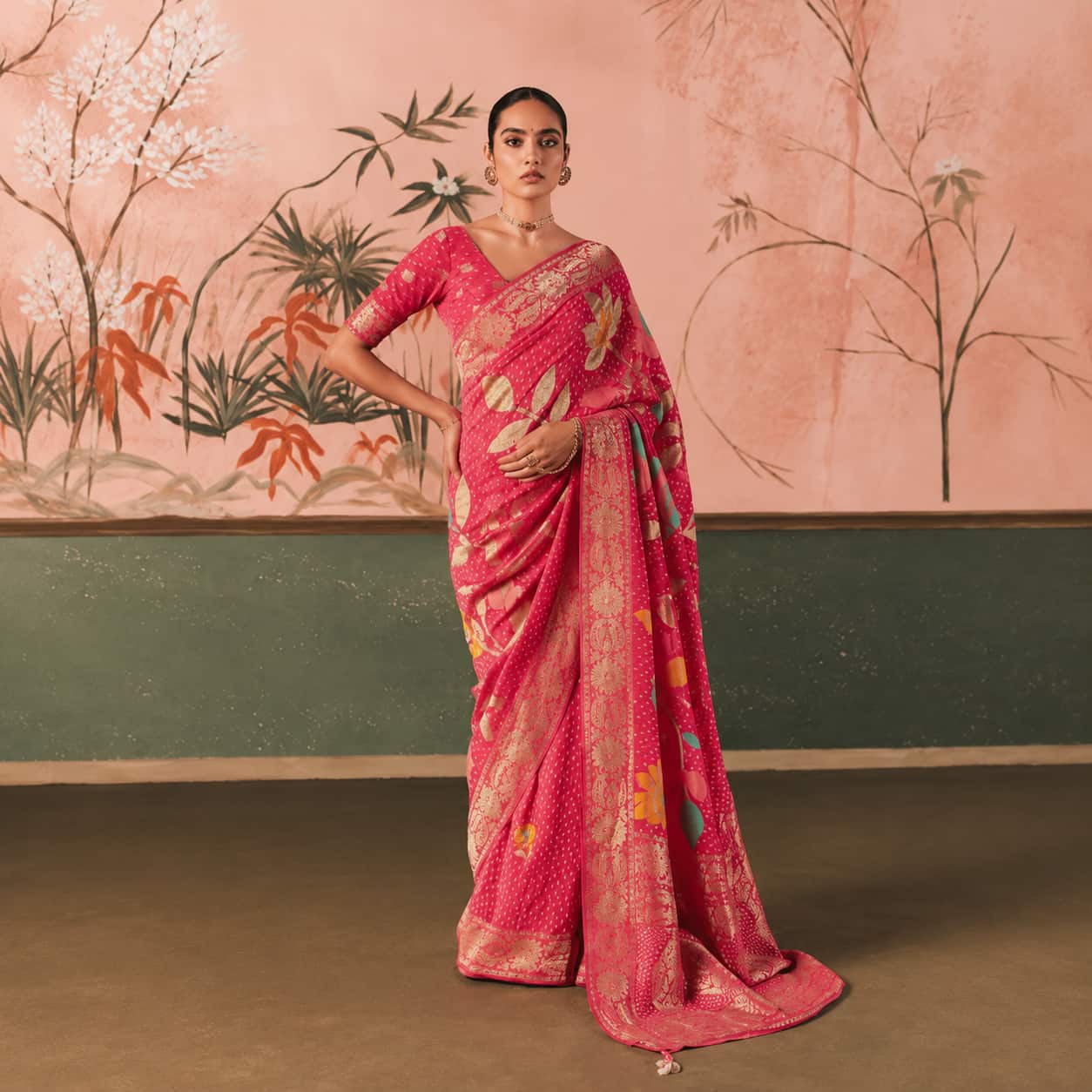 Magenta Pink Banarasi Silk Saree with Gold Zari Weaving Peacock Motifs and Unstitched Blouse