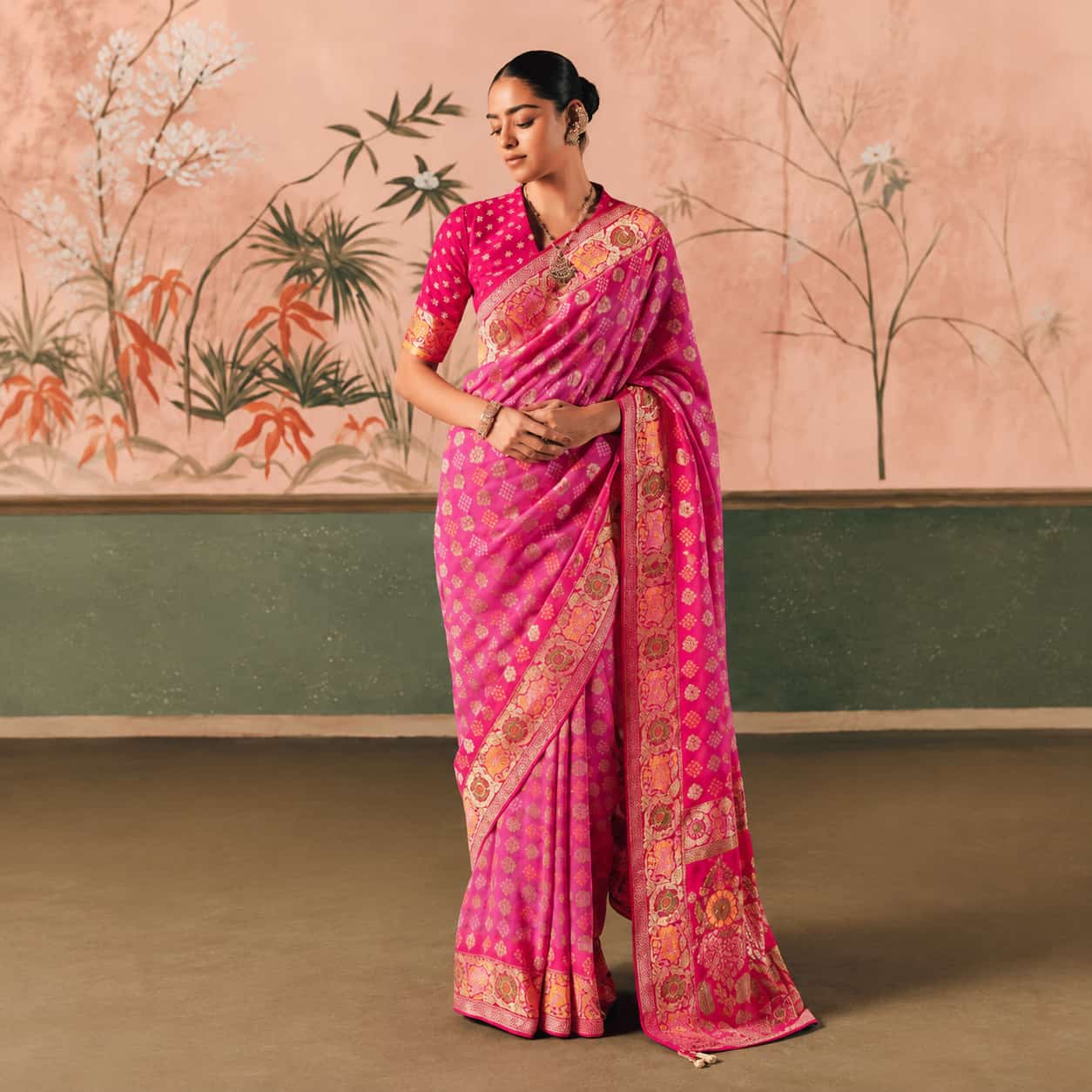 Crimson Red Banarasi Silk Saree with Gold Zari Weaving Peacock Motifs and Unstitched Blouse
