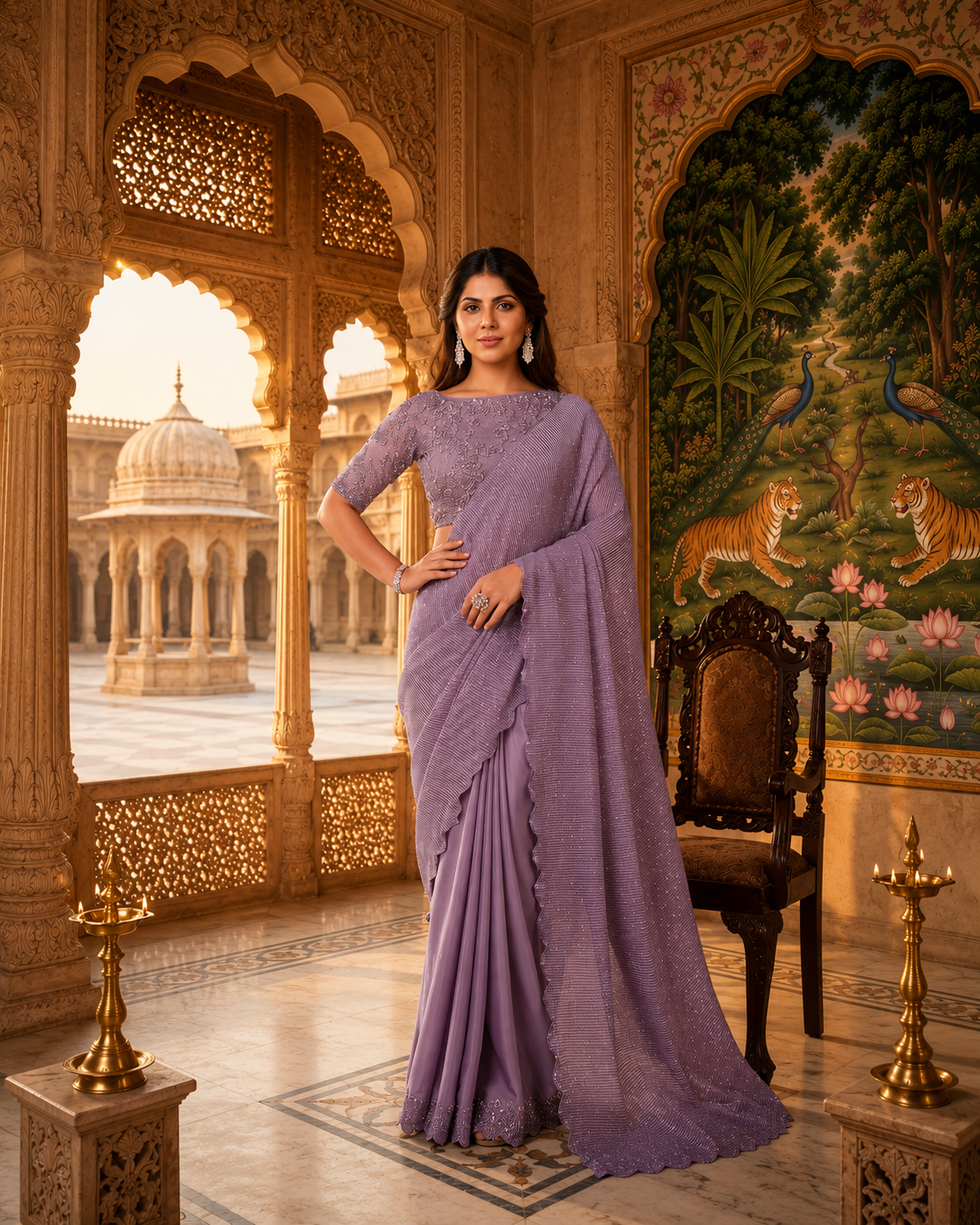 Crepe Satin Silk saree with textured pallu, sequins embroidery and stone detailing.
