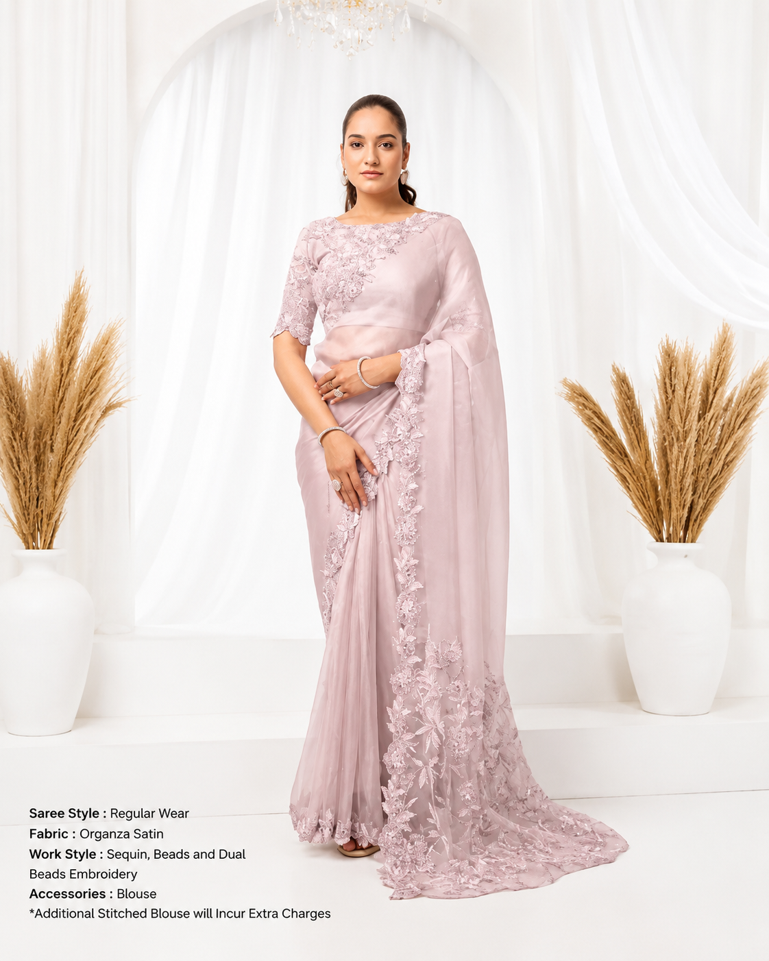 Designer party wear saree design 26814 in Organza Satin featuring Dull Sequins, Dull Beads Embroidery with matching stitched blouse.
