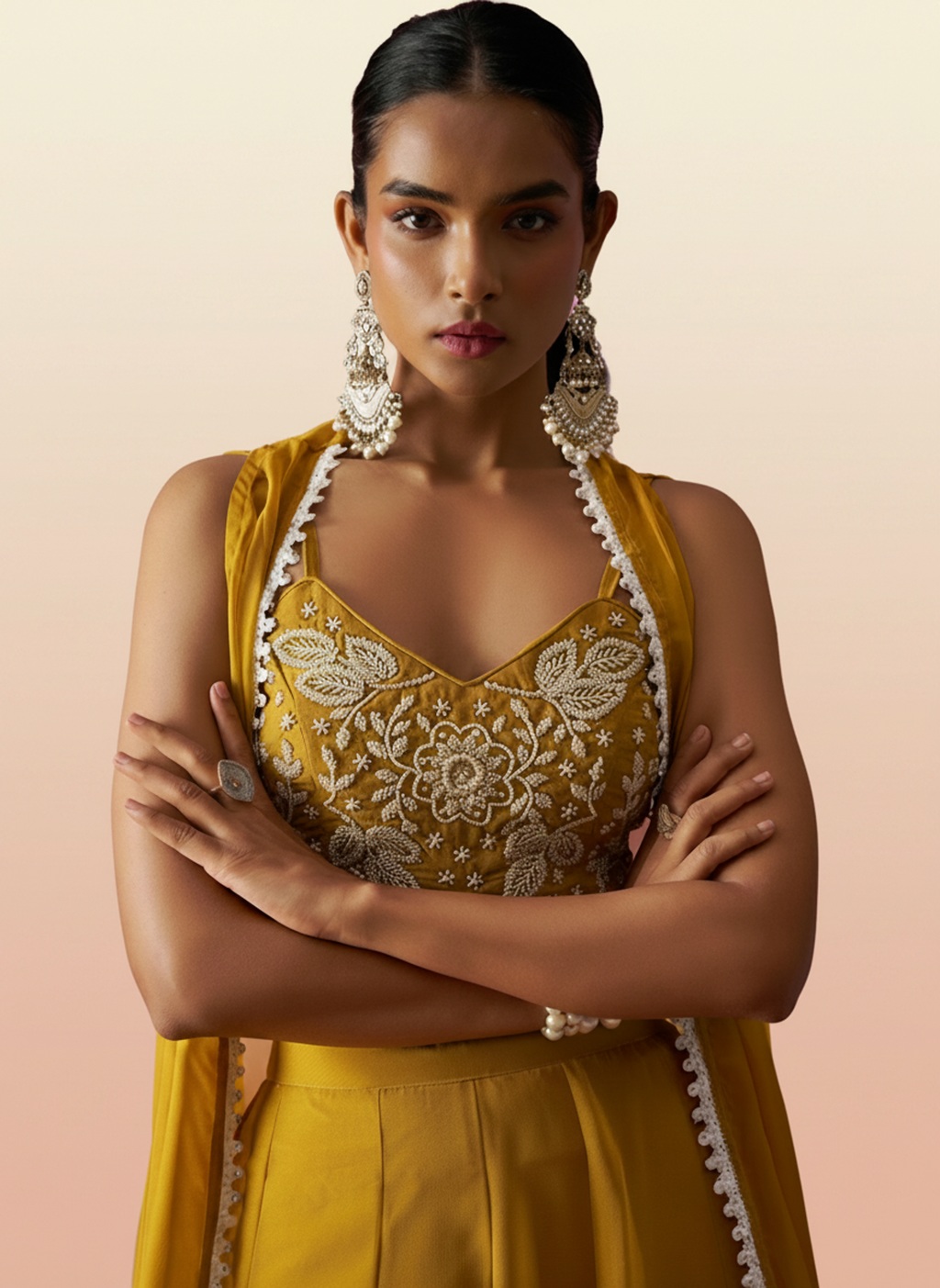 Mustard Georgette Beads Handwork Indo Western Palazzo Suit with Organza Shrug