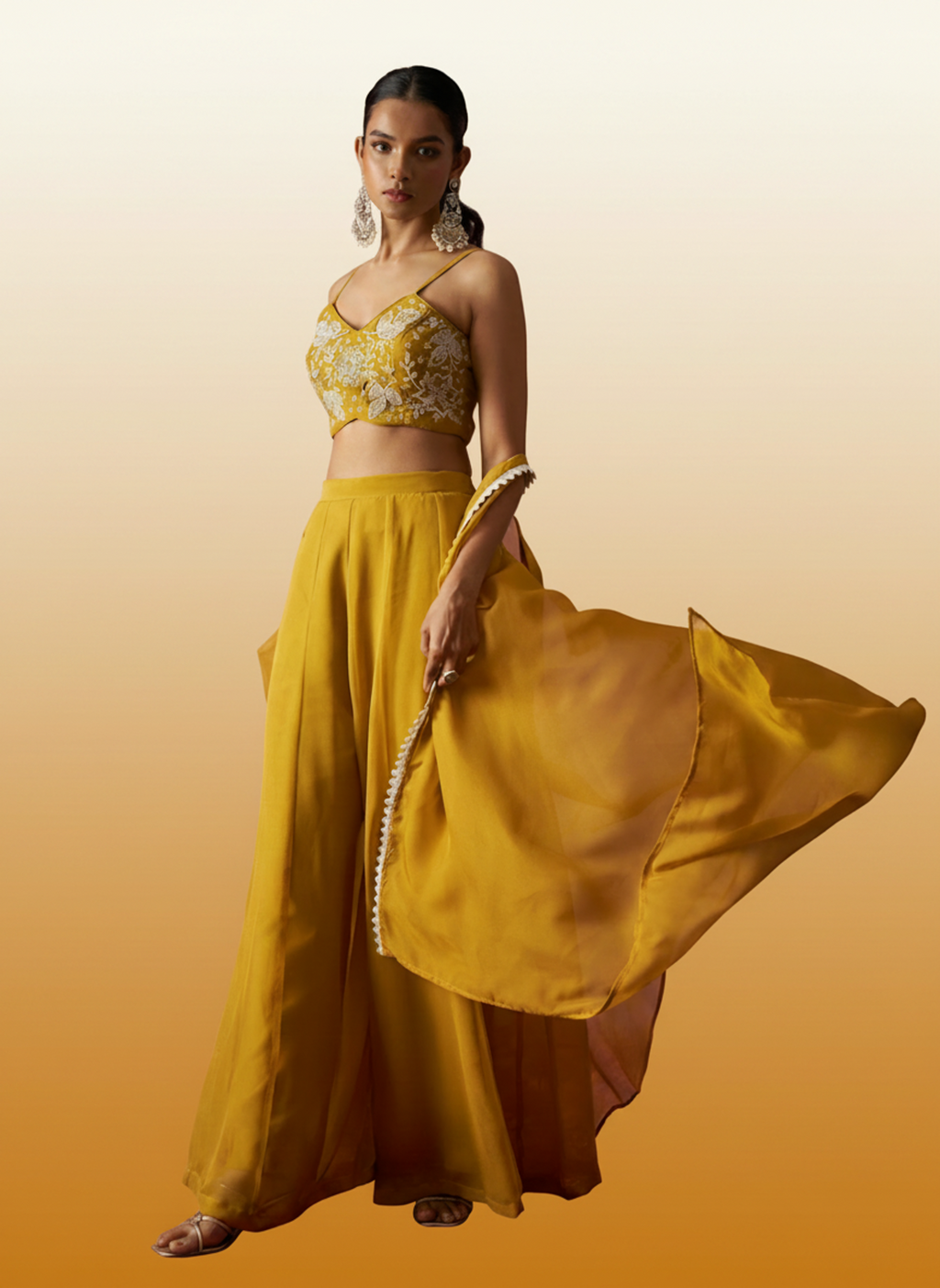 Mustard Georgette Beads Handwork Indo Western Palazzo Suit with Organza Shrug