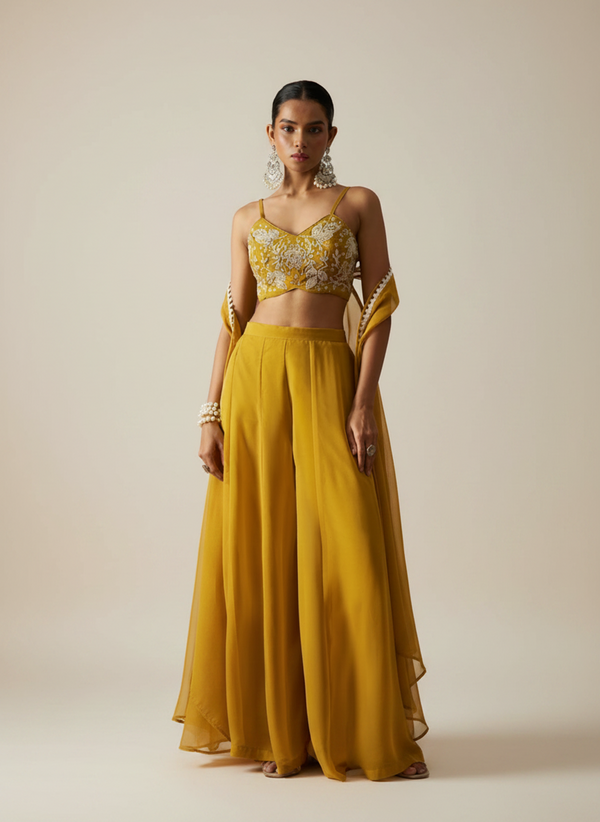 Mustard Georgette Indo Western Palazzo Suit